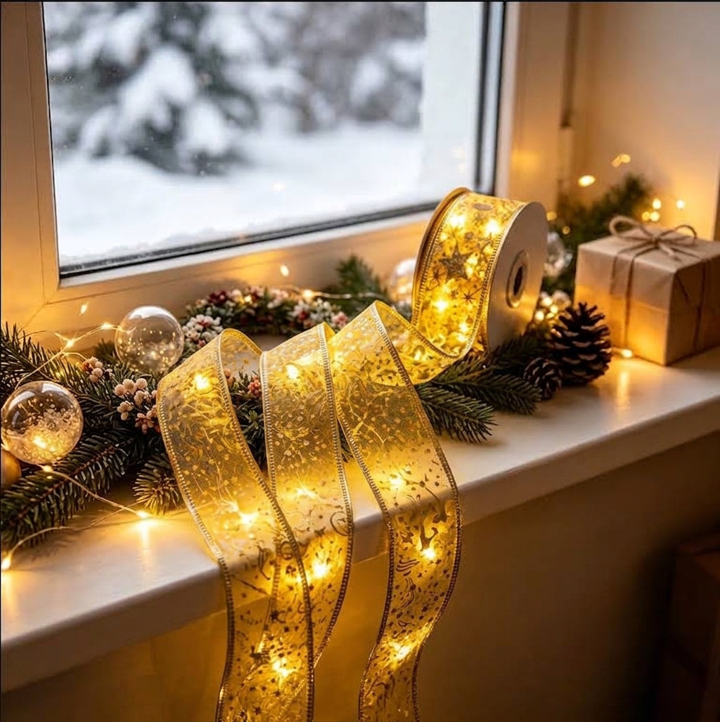 Battery Powered LED Light Up Christmas Ribbon - 32ft, Home Xmas Tree Holiday Party Decor Lighting