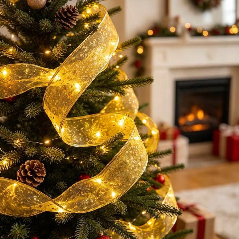 Battery Powered LED Light Up Christmas Ribbon - 32ft, Home Xmas Tree Holiday Party Decor Lighting