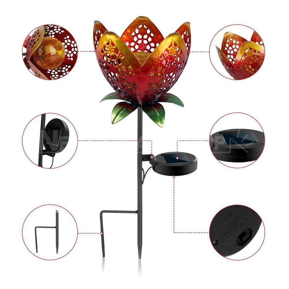 Solar Powered Metal Flower Warm White LED Stake Light - Weatherproof Outdoor Lawn Pathway Garden Lighting