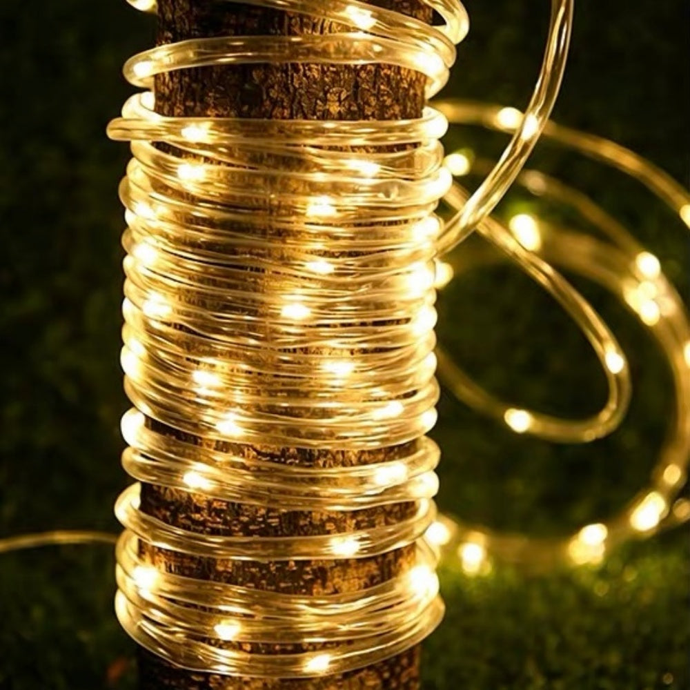 Solar Powered Warm White LED Rope String Light - Weatherproof Yard Garden Patio Backyard Outdoor Holiday Party Decor Lighting
